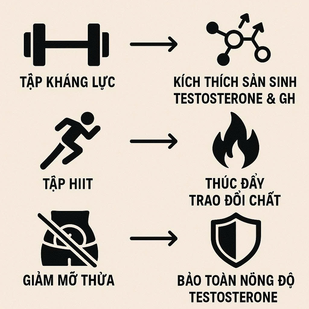 Infographic giải thích cơ chế khoa học của việc luyện tập giúp tăng testosterone tự nhiên, bao gồm tập kháng lực và giảm mỡ thừa.